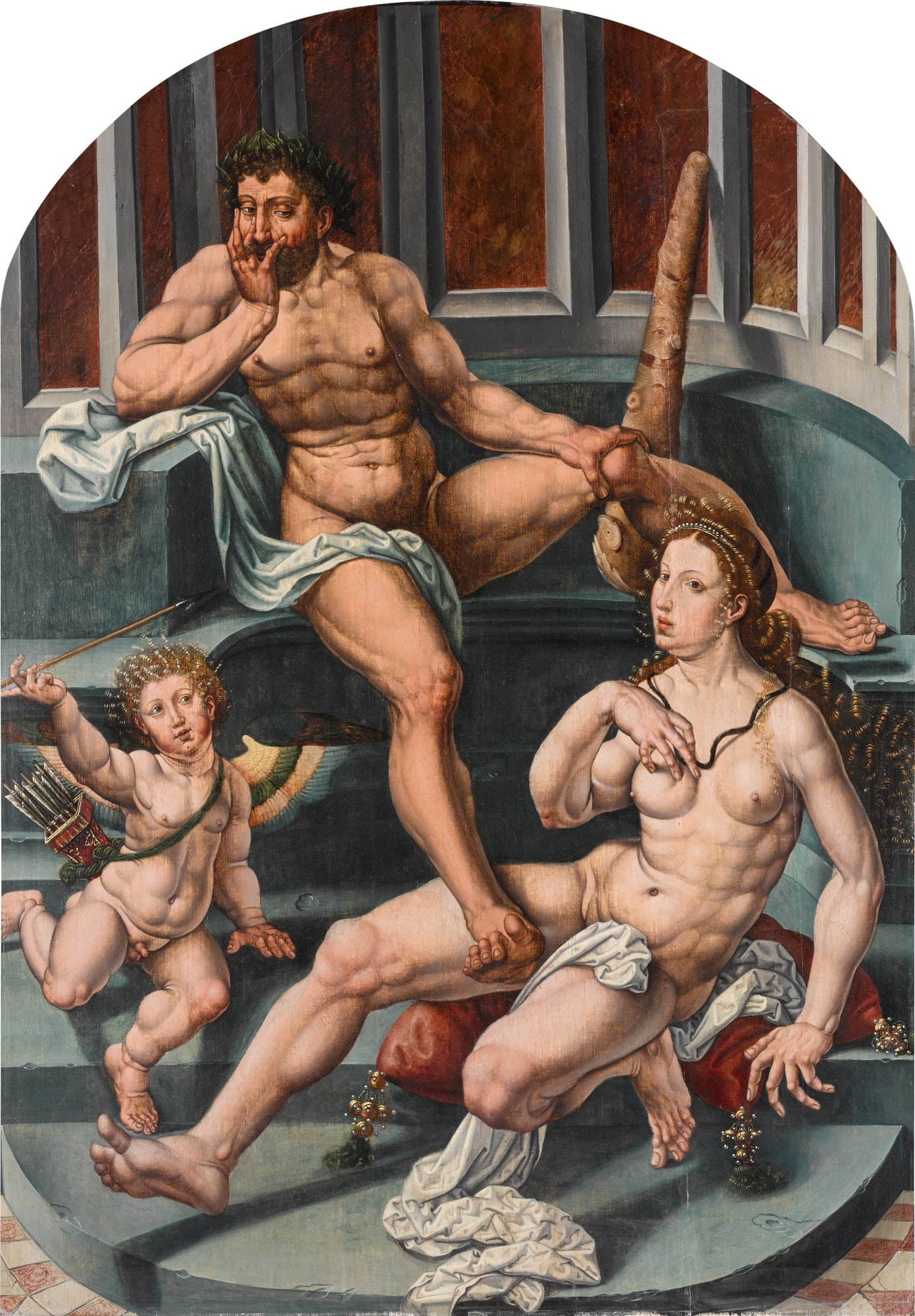 Follower of Jan Gossaert: Follower of Jan Gossaert Hercules and Deianira oil on oak panel, arched top unframed: 90.7 x 65.5 cm.; 35¾ x 25¾ in. framed: 102.6 x 75.8 cm.; 40⅜ x 29¾ in. Provenance With Ma