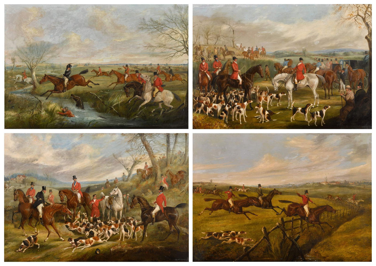 Henry Thomas Alken Snr.: Property from a Hampshire Private Collection Henry Thomas Alken Snr. London 1785–1851 The Meet; The Brook; Full Cry; The Death a set of four, all oil canvas, in fine carved wood frames each unfr