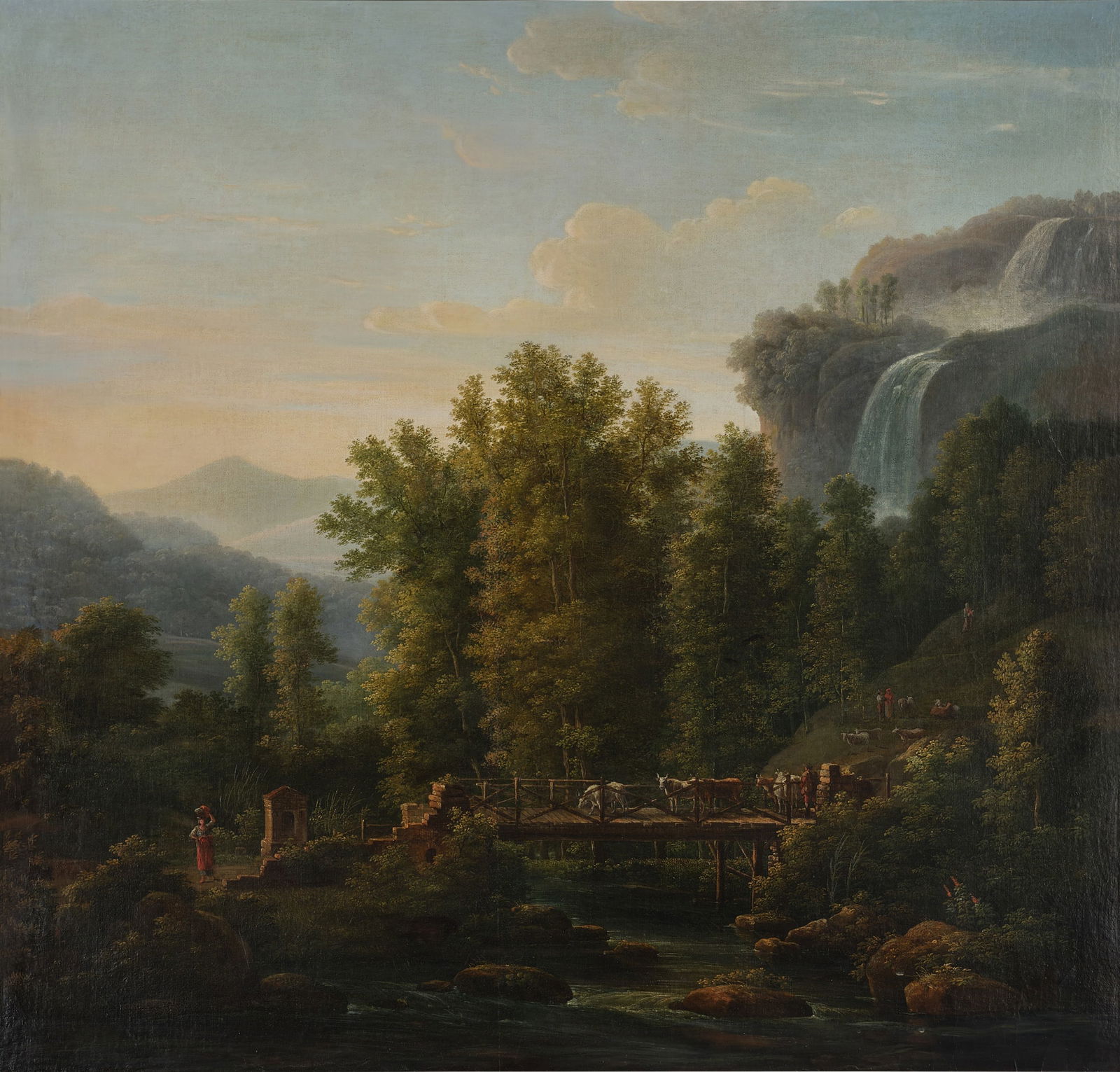 Attributed to Jean-Pierre-Xavier Bidauld: Property from a Private Collection Attributed to Jean-Victor Bertin Paris 1767 - 1842 Arcadian landscape with cattle crossing a wooden bridge and a waterfall in the distance oil on canvas canvas: 44 b