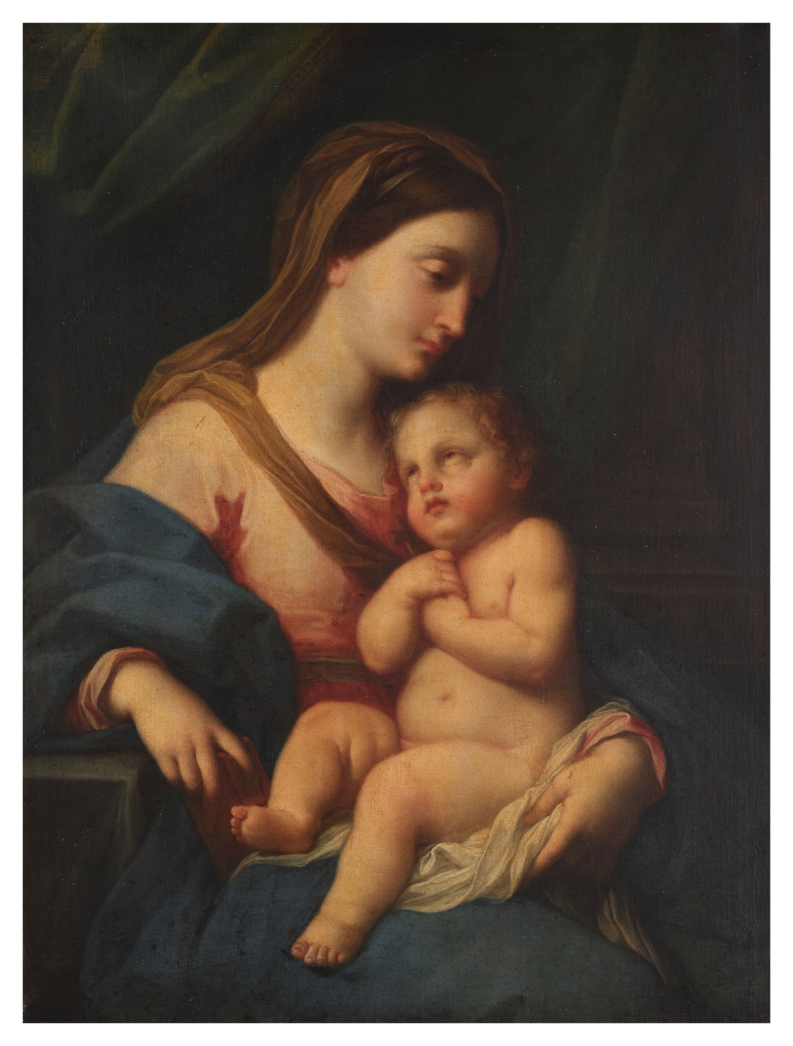 Placido Costanzi: Placido Costanzi Rome 1702 - 1759 Madonna and Child before a green curtain faintly signed and dated beneath a discolored varnish on stone parapet at right: P.C.F / 1751 oil on canvas canvas: 39 ⅛