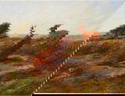 Rosa Bonheur: Rosa Bonheur French 1822-1899 Red Stag and Doe in a Heathered Field signed and dated lower right: Rosa Bonheur 64 oil on panel panel: 17 ¾ by 22 in.; 45 by 56 cm framed: 24 ¾ by 3