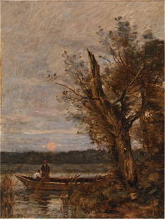 Jean-Baptiste-Camille Corot: Jean-Baptiste-Camille Corot French 1796-1875 The Ferryman Near the Old Broken Tree (Moonrise) (Le Passeur auprès du vieil arbre brisé (lever de lune)) signed lower right: Corot oil on c