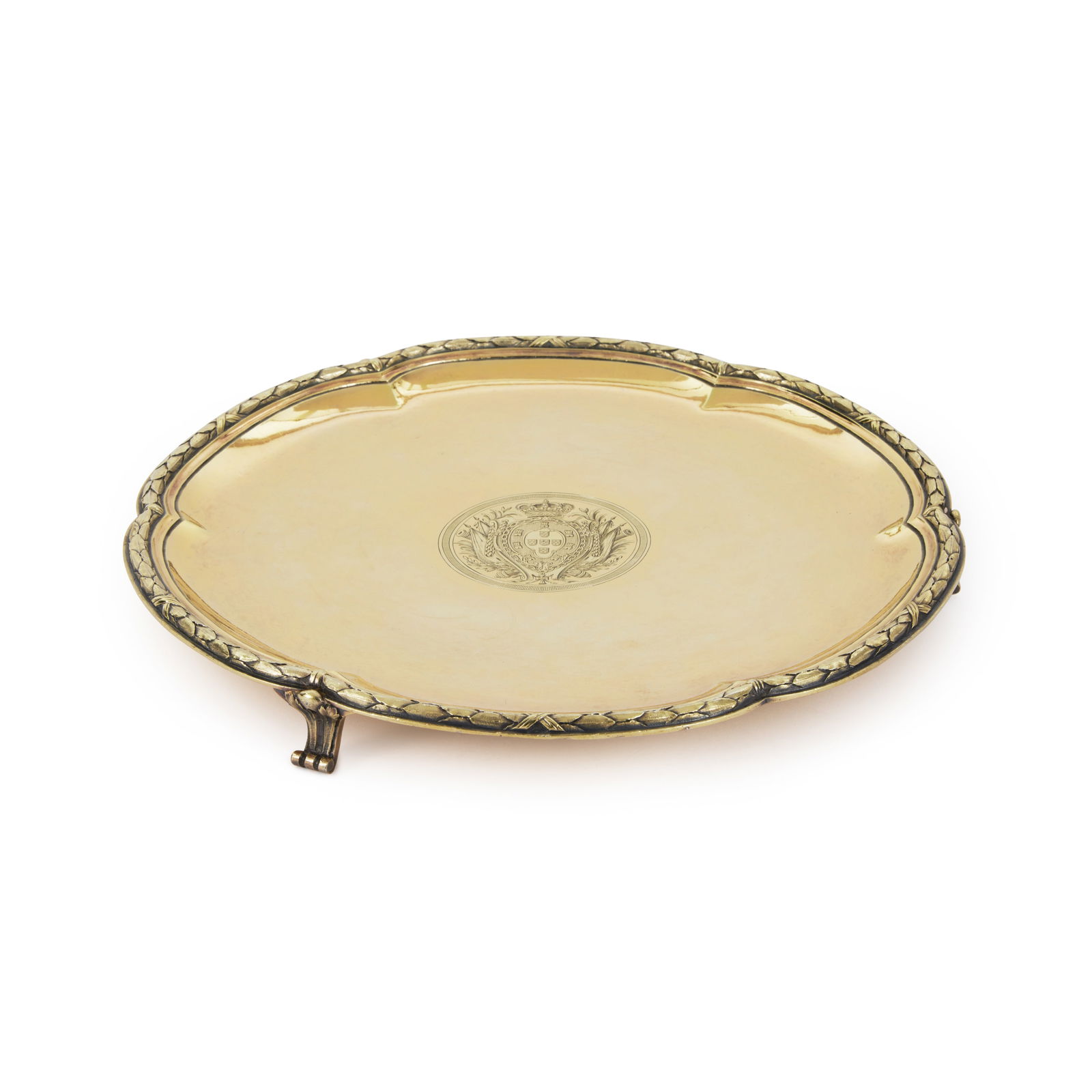 An Important Louis XVI Silver-Gilt Salver from the Royal Portuguese Service, Robert-Joseph Auguste,: An Important Louis XVI Silver-Gilt Salver from the Royal Portuguese Service, Robert-Joseph Auguste, Paris, 1784 hexafoil, with raised ribbon-bound running laurel rim, the center engraved with the