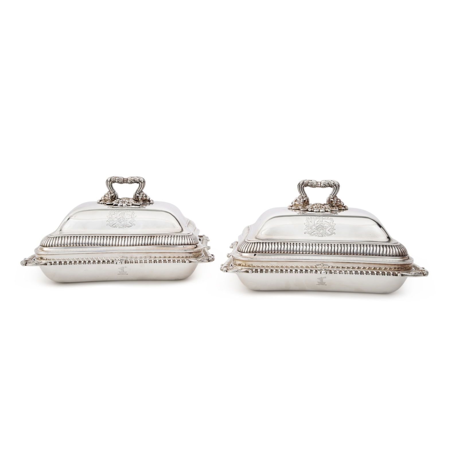 A Pair of George III Silver Entrée Dishes and Covers, Benjamin Smith II & James Smith III,: A Pair of George III Silver Entrée Dishes and Covers, Benjamin Smith II & James Smith III, London, 1810 with gadroon rims with shells and acanthus at angles, the conforming covers with twin-l