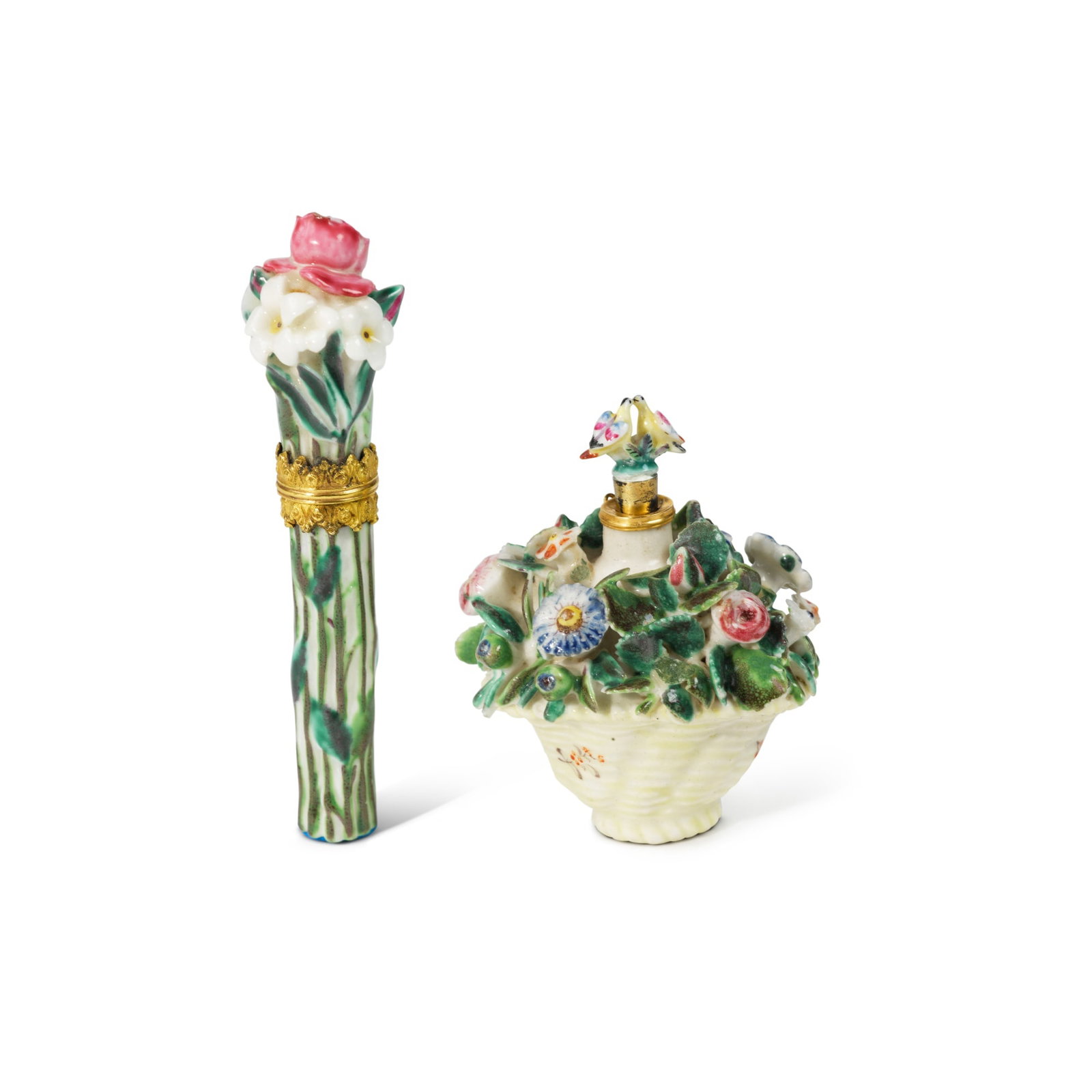 A St. James (Charles Gouyn Factory) Gold-Mounted Needle Case and Scent Bottle and A Stopper, Circa: A St. James (Charles Gouyn Factory) Gold-Mounted Needle Case and Scent Bottle and A Stopper, Circa 1751-54 the first modeled as a long-stemmed bouquet of flowers, the second as a basket of flowers. Le