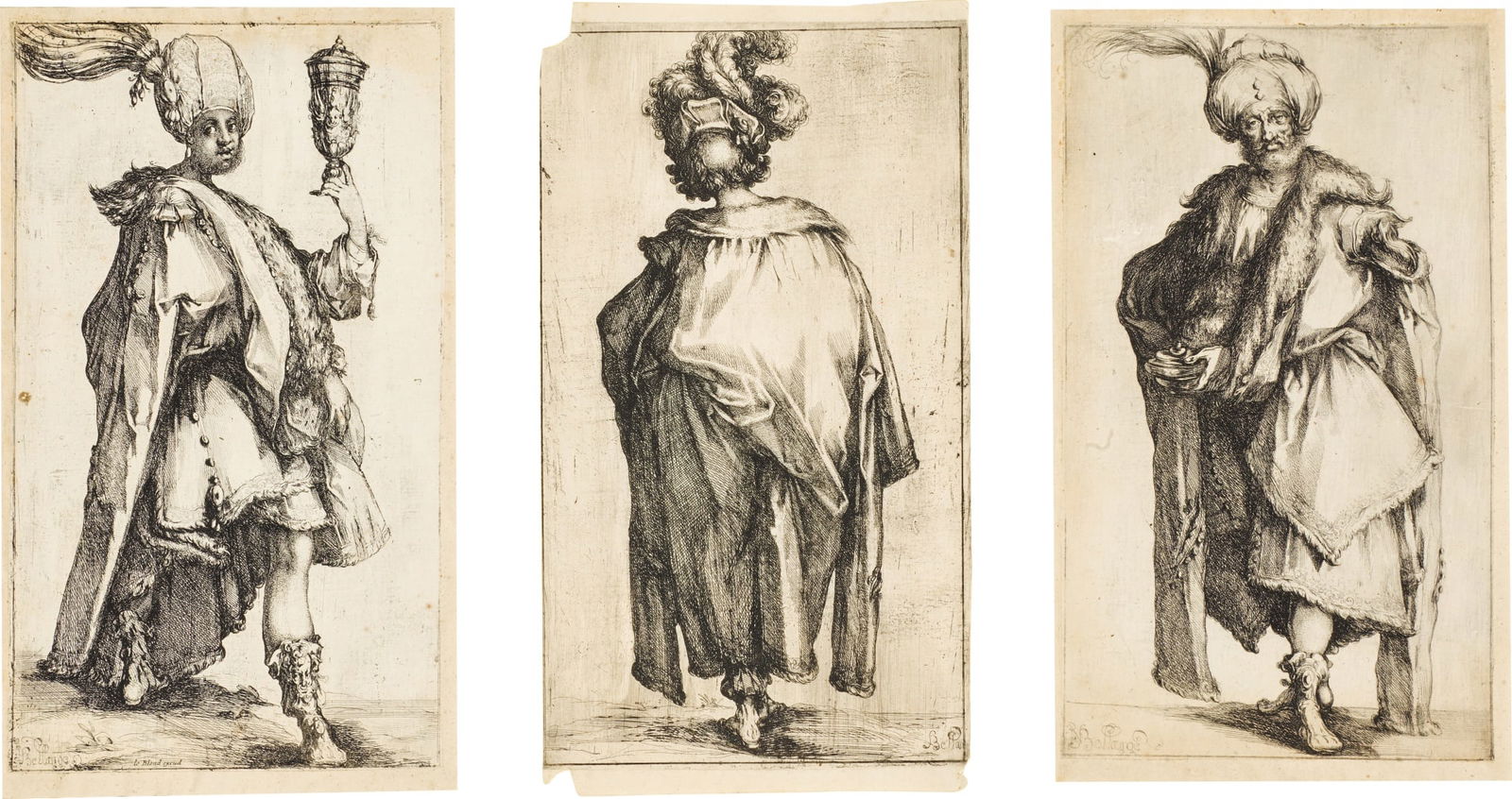 Jacques Bellange: etchings, 1595-1616, Melchior and Caspar very fine, richly inked and atmospheric impressions of the first states (of two), Melchior printing with rich tone and distinct wiping marks, Ca