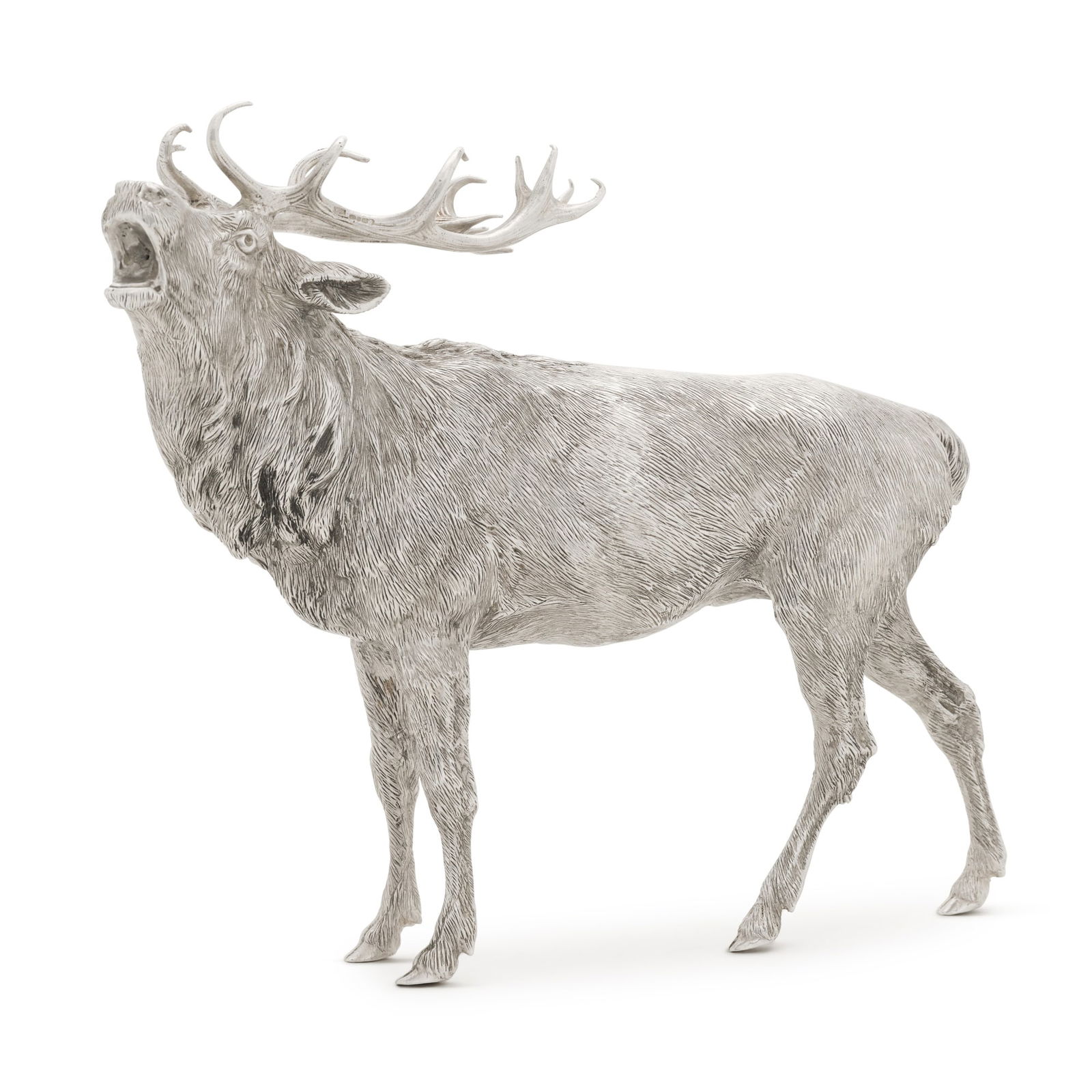 A silver model of a stag, James R. Biggins, Sheffield, 2023: A silver model of a stag James R. Biggins, Sheffield, 2023 realistically modelled with fur-effect chasing, length 33cm., 13in. 2186gr., 70oz.