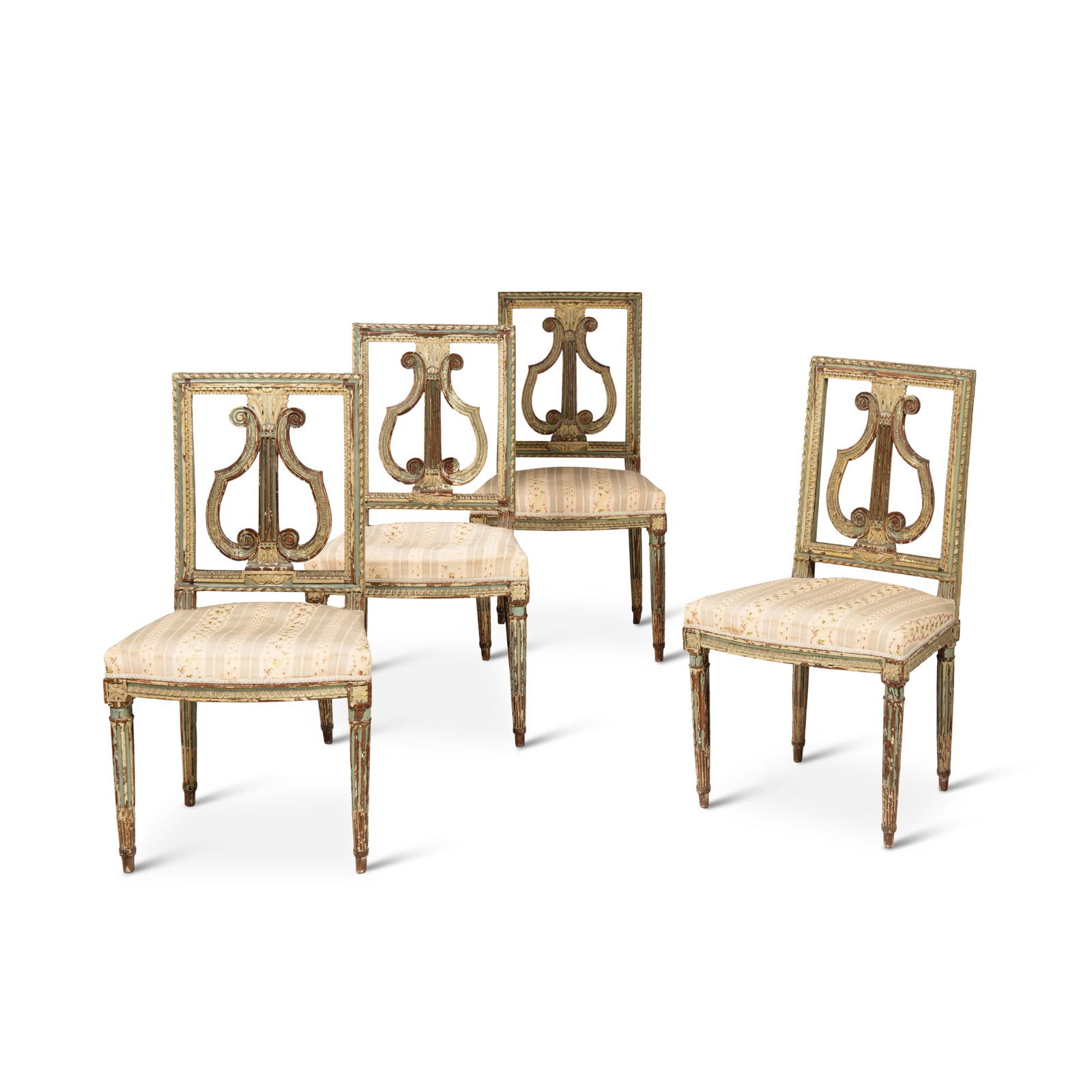 A set of four Louis XVI lacquered wood chairs, circa 1780 | Suite de quatre chaises en bois: A set of four Louis XVI lacquered wood chairs, circa 1780 | Suite de quatre chaises en bois laqué d'époque Louis XVI, vers 1780 A set of four Louis XVI lacquered wood chairs, circa 1780 with