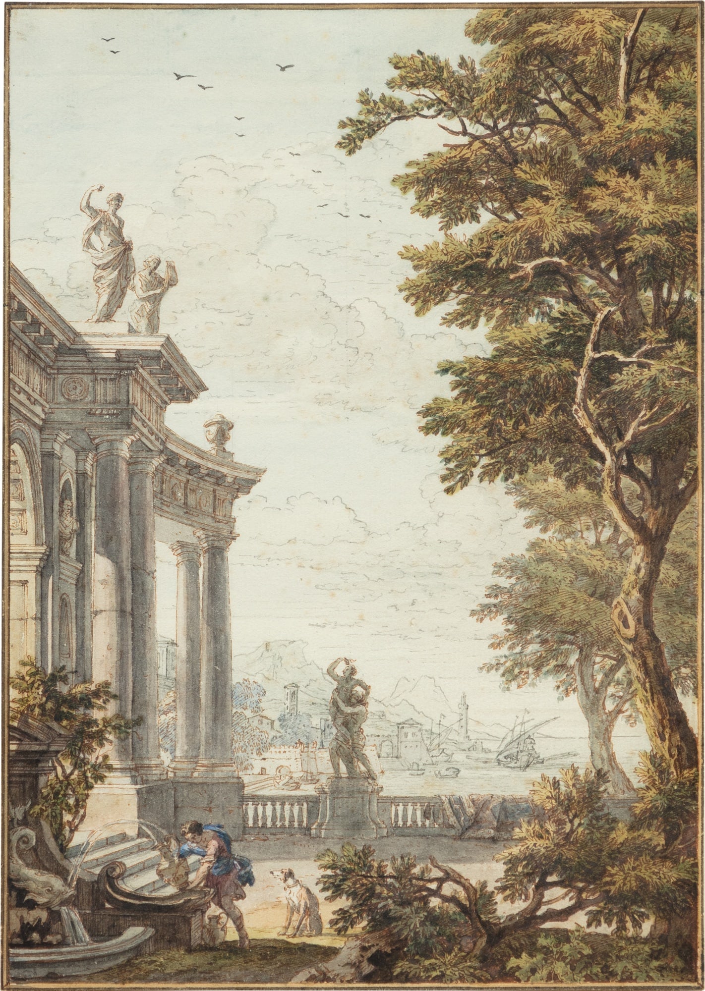 Isaac de Moucheron A garden next to a classical building and a view of a Mediterranean port | Jardin: Isaac de Moucheron Amsterdam 1667 - 1744 A garden next to a classical building and a view of a Mediterranean port Pen and brown ink and watercolour 250 by 172 mm ______________________________________
