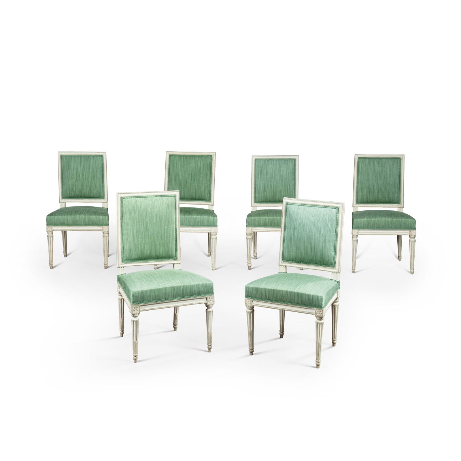 A set of six Louis XVI lacquered beechwood chairs, circa 1780, two stamped by Nadal l'ainé |: A set of six Louis XVI lacquered beechwood chairs, circa 1780, two stamped by Nadal l'ainé | Suite de quatre chaises en hêtre rechampi crème d'époque Louis XVI, vers 1780, deux ave