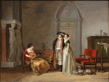 Jean-Baptiste Mallet A couple and a guitar player in an interior | Couple et joueuse de guitare dans: Jean Baptiste Mallet 1759 - 1835 A couple and a guitar player in an interior Oil on panel 26 x 34 cm ; 10¼ by 13 ⅜ in. ____________________________________________ Jean Baptiste Mallet
