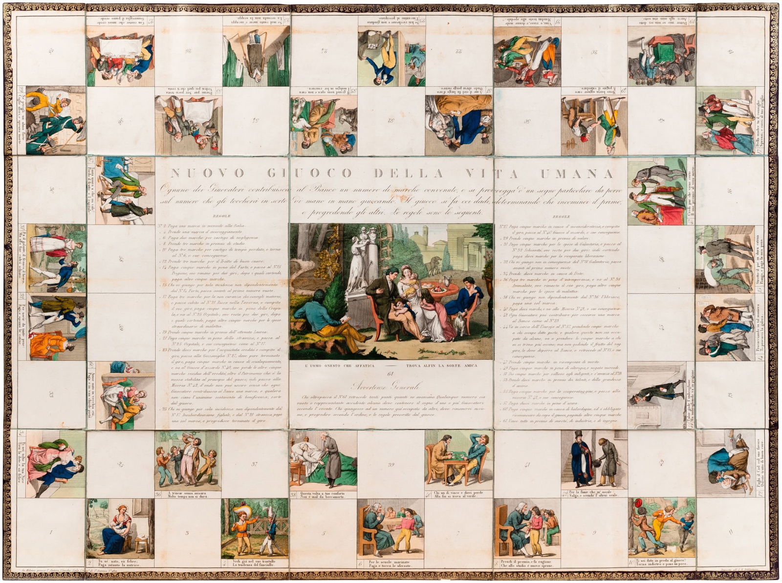 [Jeu de l'oie] Nuovo giuoco della vita umana. Milan, [1825-1830]. Rare. Étui aux armes de la: [Jeu de l'oie] Nuovo giuoco della vita umana. Milan, Antonio Vallardi, [1825-1830]. 548 x 738 mm, dépliant contrecollé sur soie bleue. Coloris d’époque. Chemise, étui en
