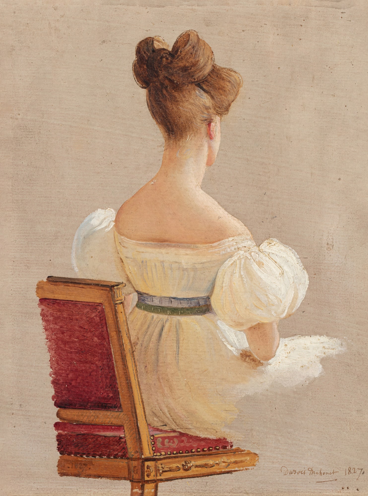 Alexandre-Jean Dubois-Drahonet Portrait of the Duchesse de Berry, seated, seen from behind |: Alexandre-Jean Dubois-Drahonet Paris 1791 - 1834 Versailles Portrait of the Duchesse de Berry, seated, seen from behind Watercolour and gouache; signed and dated in pen and brown ink, lower right: Dub