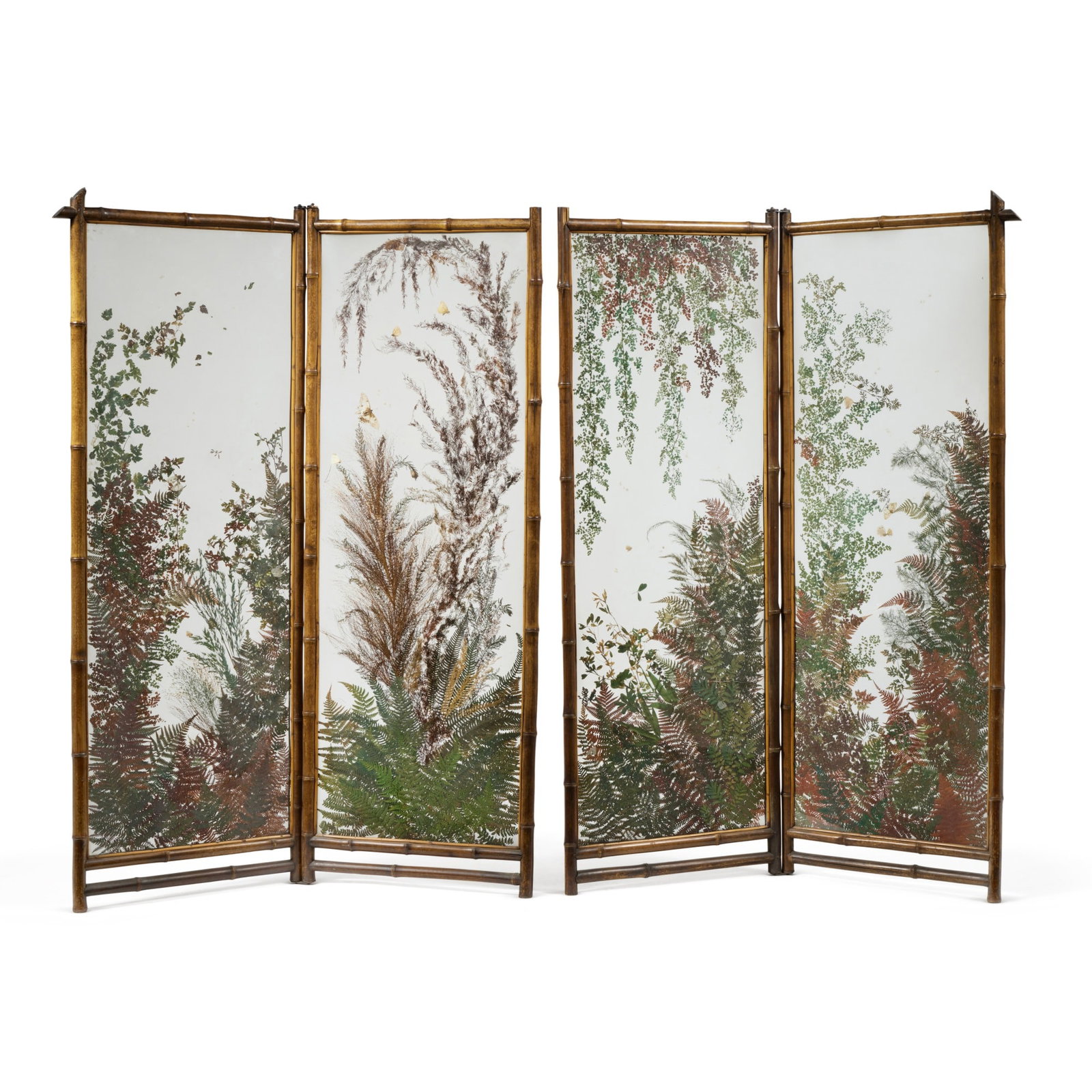A Pair of Two-Fold Bamboo, Hardwood and Glass Folding Screens with Pressed Ferns and Butterflies,: height 62 1/4 in.; max. width of each panel 23 3/4 in. 158 cm; 60.5 cm Provenance Madeleine Castaing, 30 Rue Jacob, Paris