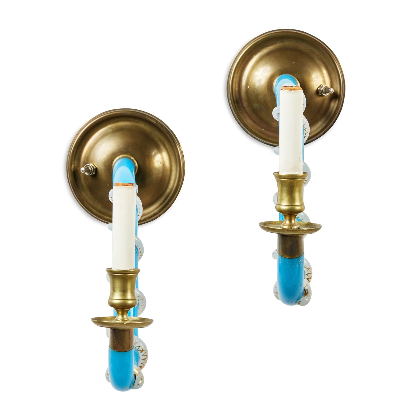A Pair of French Brass and Blue and White Opaline Glass Wall Lights, 19th Century: wired for electricity width 12 in. 30.5 cm Provenance Madeleine Castaing, 30 Rue Jacob, Paris, 20 November 2000 