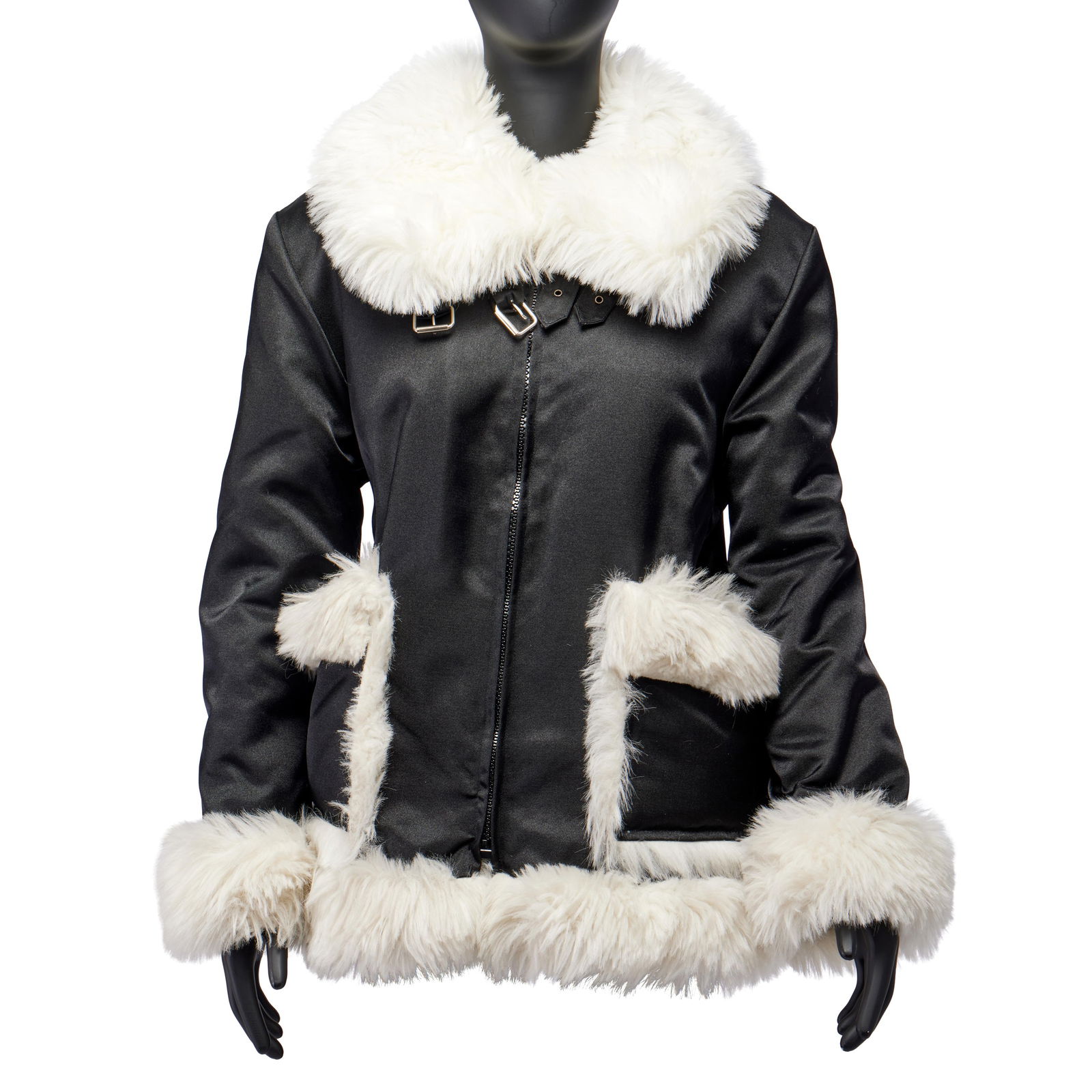 Anna Sui Black Satin and White Imitation Fox Fur Jacket, 1994-1995: Anna Sui Black Satin and White Imitation Fox Fur Jacket, 1994-1995 This vintage Anna Sui black jacket is lined with white faux fox fur and features large patch pockets. Kate Moss was styled in the pie