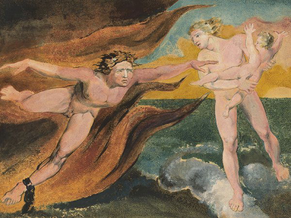 William Blake, 1757-1827: The Good and Evil Angels Struggling for Possession of a Child Inscribed on the verso of the support: Purchased at Sotheby's 28 April 1862./ Lot 182 "Allegorical Subject – A Man holding a Child with