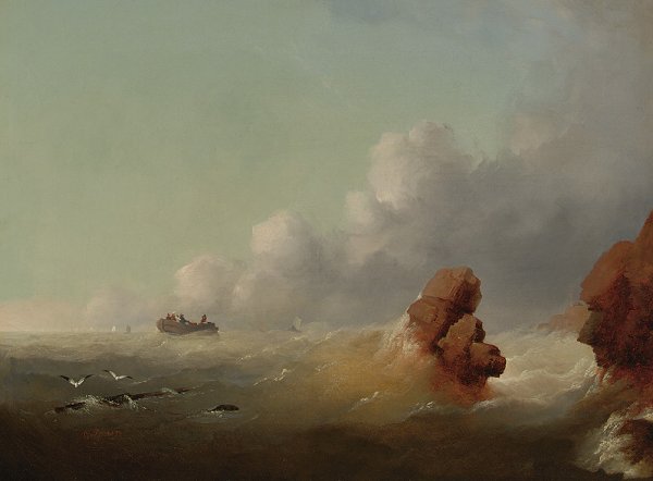 * George Inness 1825-1894: * George Inness 1825-1894 Marine signed G. Inness and indistinctly dated, l.l. oil on canvas measurements 16 by 21 1/4 in. alternate measurements (40.6 by 54 cm) Painte