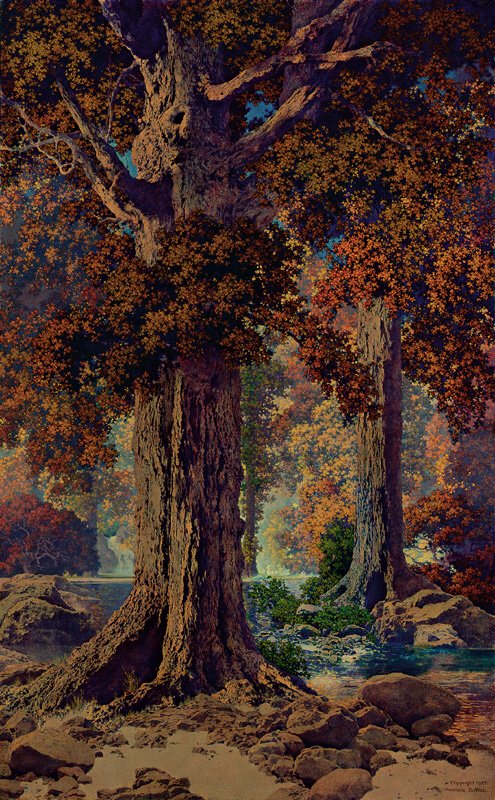 Maxfield Parrish 1870-1966: Maxfield Parrish 1870-1966 Autumn Woods signed Maxfield Parrish and dated Copyright 1927, l.r.; also titled "Autumn Woods" and signed Maxfield Parrish on the reverse oil on panel meas