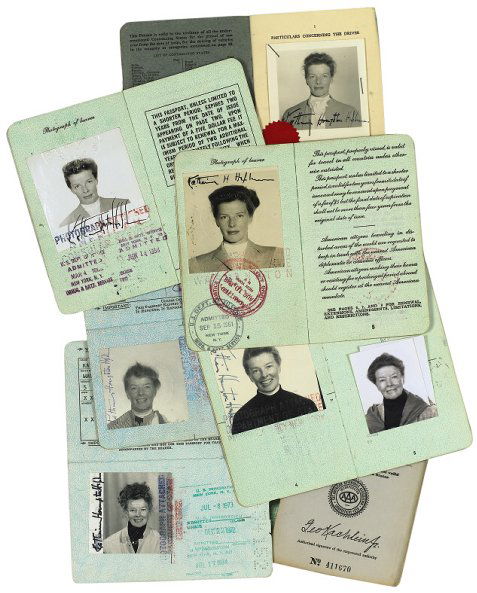 A 1948 Passport, French Automobile Club Card, Vacc: A 1948 Passport, French Automobile Club Card, Vaccination Certificate and Two Permits Passport issued to Katharine Houghton Hepburn on May 6, 1948 signed on page three in black ink Katharine Houghton