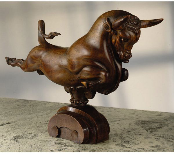 Robert Johnson McKnight 1905-1989: Robert Johnson McKnight 1905-1989 American Europa And The Bull carved walnut sculpture on a 7 inch wood base, repairs height: 14 in. CATALOGUE NOTE This wa