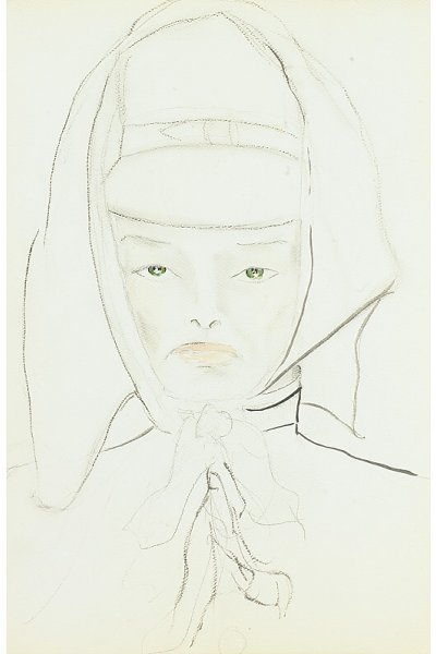 Katharine Hepburn 1907-2003: Katharine Hepburn 1907-2003 American A Sketch Pad With Drawings, Mid-20th Century spiral bound blue Strathmore pad with four bound pages depicting a pencil drawing of a sailboat and three self-portrai