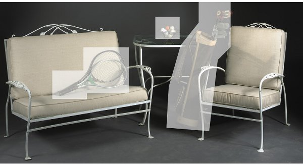 A GROUP OF WHITE-PAINTED WROUGHT-IRON GARDEN FURNI: A GROUP OF WHITE-PAINTED WROUGHT-IRON GARDEN FURNITURE En suite with the preceding lot, comprising a pair of settees and a pair of armchairs, with loose cushions, three side tables, and a low table. 8