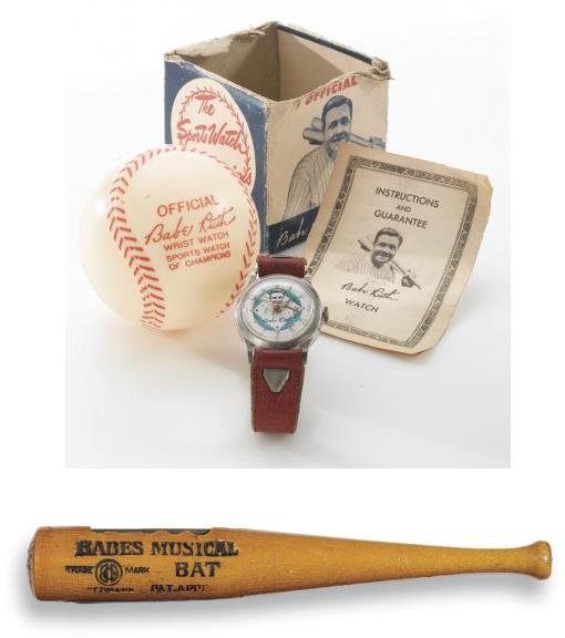 1930s Official Babe Ruth Wrist Watch and Babe Ruth: 1930s Official Babe Ruth Wrist Watch and Babe Ruth Bat Harmonica Property from the Collection of Steve Myland Produced by the Exacta Time Co., this leather banded watch features a color image of Ruth