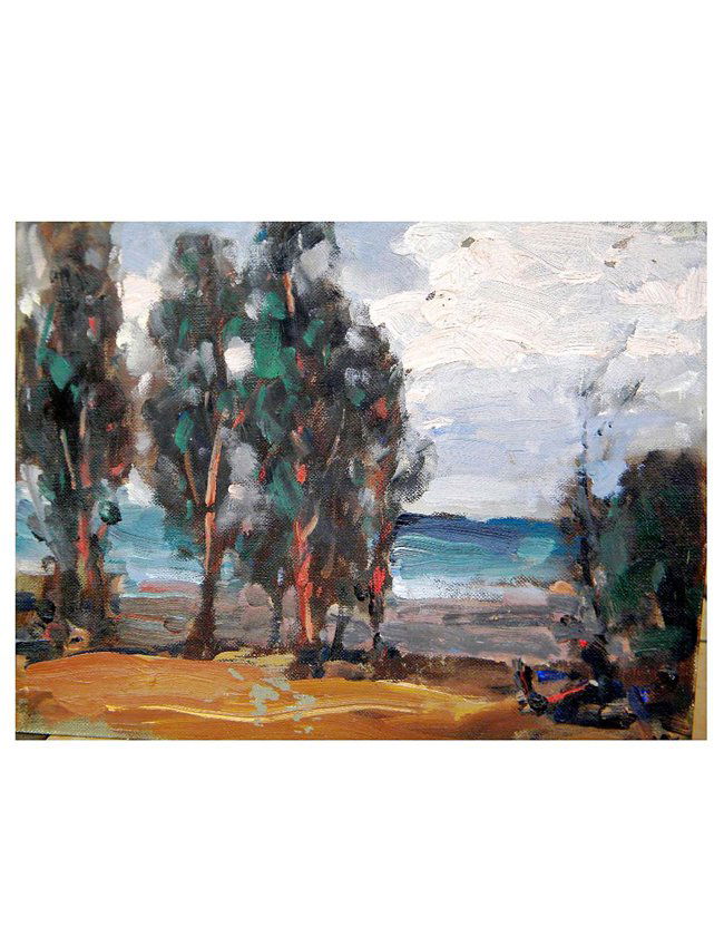 Hanson Duvall Puthuff (American, 1875 - 1972): Hanson Duvall Puthuff (American, 1875-1972), California Landscape with Ocean Beyond, oil on canvas board, circa 1970, no visible signature, inscribed verso "To Ruth - With Love, From Louise" and "Hans