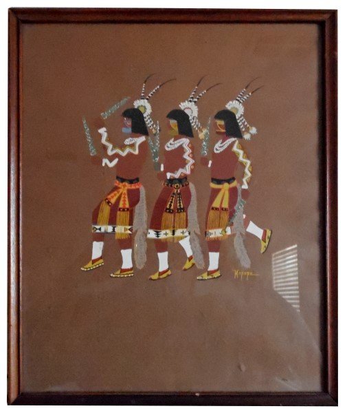 Stephen Mopope (Kiowa, 1898-1974), Three Tribal Dancers: Signed in the lower right hand corner, depicting three Native American tribe dancers. Framed and glazed. 12 in. by 14 1/2 in.