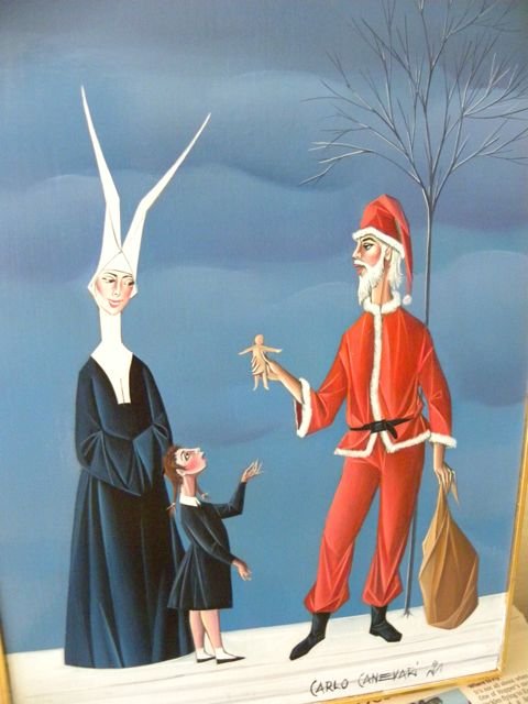 Carlo Canevari "Nun with Santa Claus", oil on panel: Signed and monogrammed "Carlo Canevari ("flower"motif)" lower right. 20 by 30 cm.Provenance: Galleria Il Capricorno, Venice, Italy