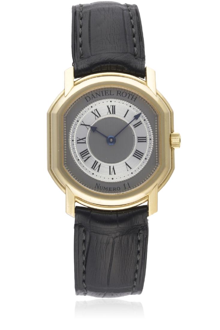 A FINE GENTLEMAN'SÂ 18K SOLID ROSE GOLD DANIEL ROTH: A FINE GENTLEMAN'SÂ 18K SOLID ROSE GOLD DANIEL ROTH NUMERO WRIST WATCH CIRCA 1990s D: Guilloche dial with Roman numerals. M: 18 jewel manual wind movementÂ signed Daniel Roth & numbered. C: Steppe