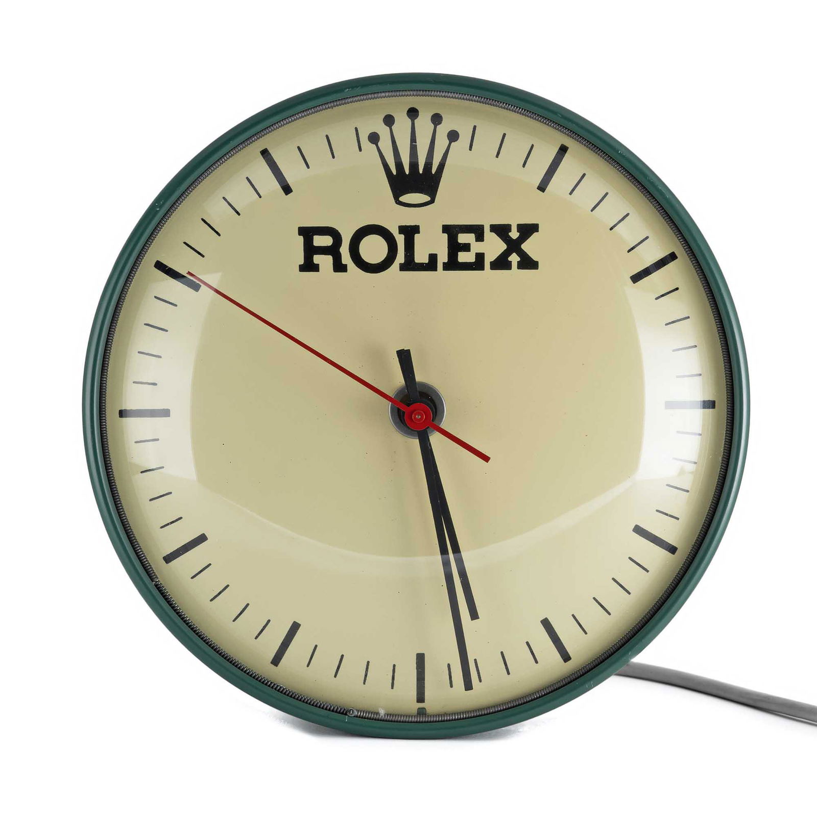 A VERY RARE ROLEX WALL CLOCK CIRCA 1960s, PREVIOUSLY: A VERY RARE ROLEX WALL CLOCK CIRCA 1960s, PREVIOUSLY SOLD BY FOURTANE JEWELLERS, CARMEL, USA Movement: Electric powered by Simplex Time Recorder Co, USA. Case: Diameter approx. 25cm, depth 8cm, green