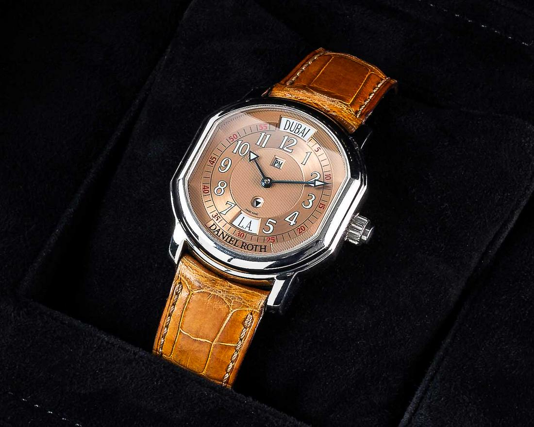 A GENTLEMAN'S STAINLESS STEEL DANIEL ROTH METROPOLITAN WORLD TIME WRIST WATCHCIRCA 2000s, REF.: Automatic, signed Daniel Roth. Case Width approx. 38mm, signed Daniel Roth, original crown. Strap Original Daniel Roth leather strap with deployment clasp, and additional leather strap with deployment