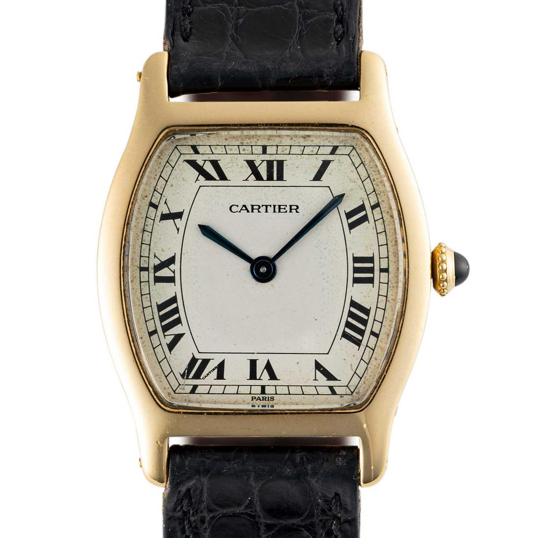 A RARE GENTLEMAN'S SIZE 18K SOLID GOLD CARTIER PARIS TORTUE WRIST WATCH   CIRCA 1980, WITH FREDERIC (1 of 11)