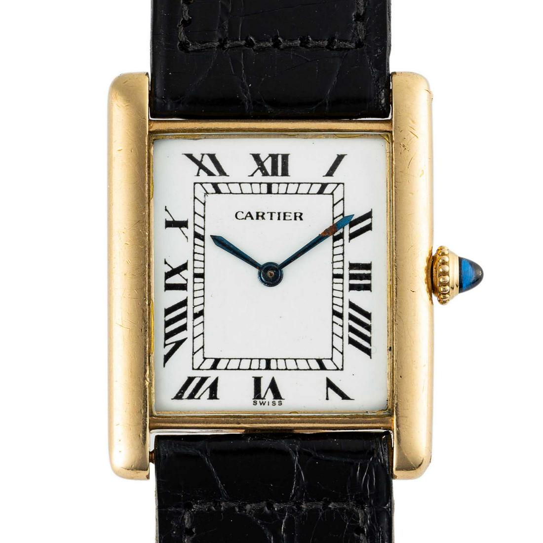 A GENTLEMAN'S SIZE 18K SOLID GOLD CARTIER PARIS TANK LOUIS EXTRA PLATE WRIST WATCH   CIRCA 1980, (1 of 8)
