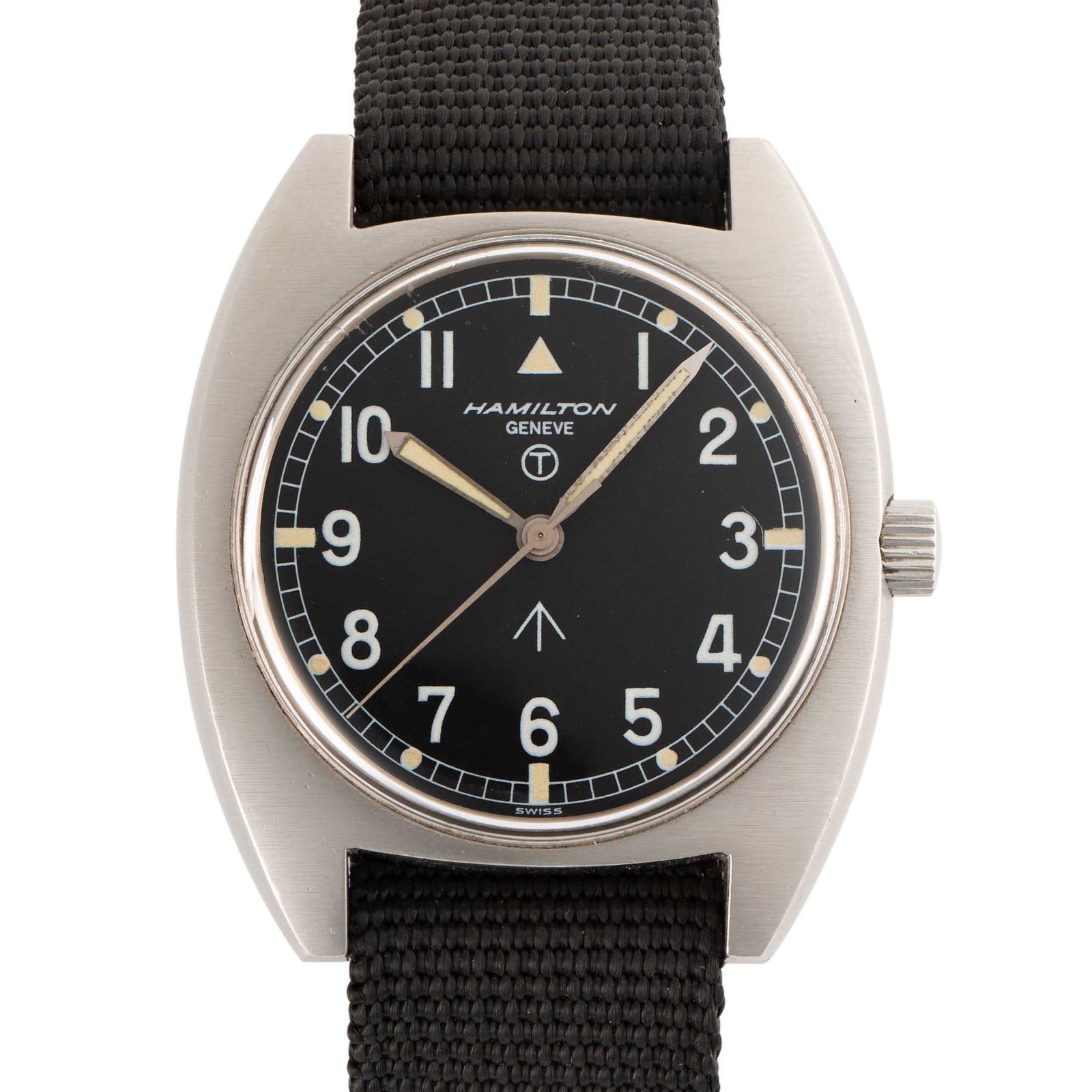 A GENTLEMAN'S STAINLESS STEEL BRITISH MILITARY HAMILTON WRIST WATCH  DATED 1974, ISSUED TO THE RAF (1 of 7)