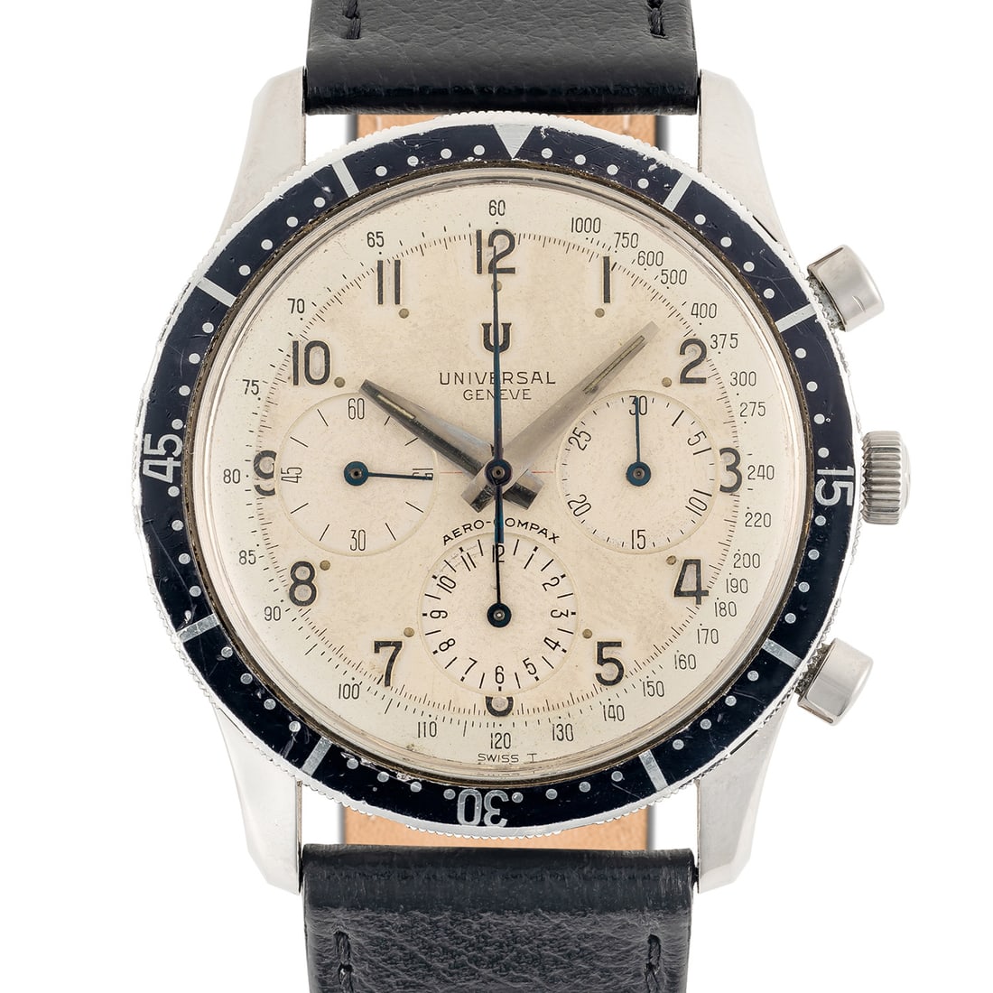 A RARE GENTLEMAN'S LARGE SIZE STAINLESS STEEL UNIVERSAL GENEVE AERO COMPAX CHRONOGRAPH WRIST WATCH (1 of 8)