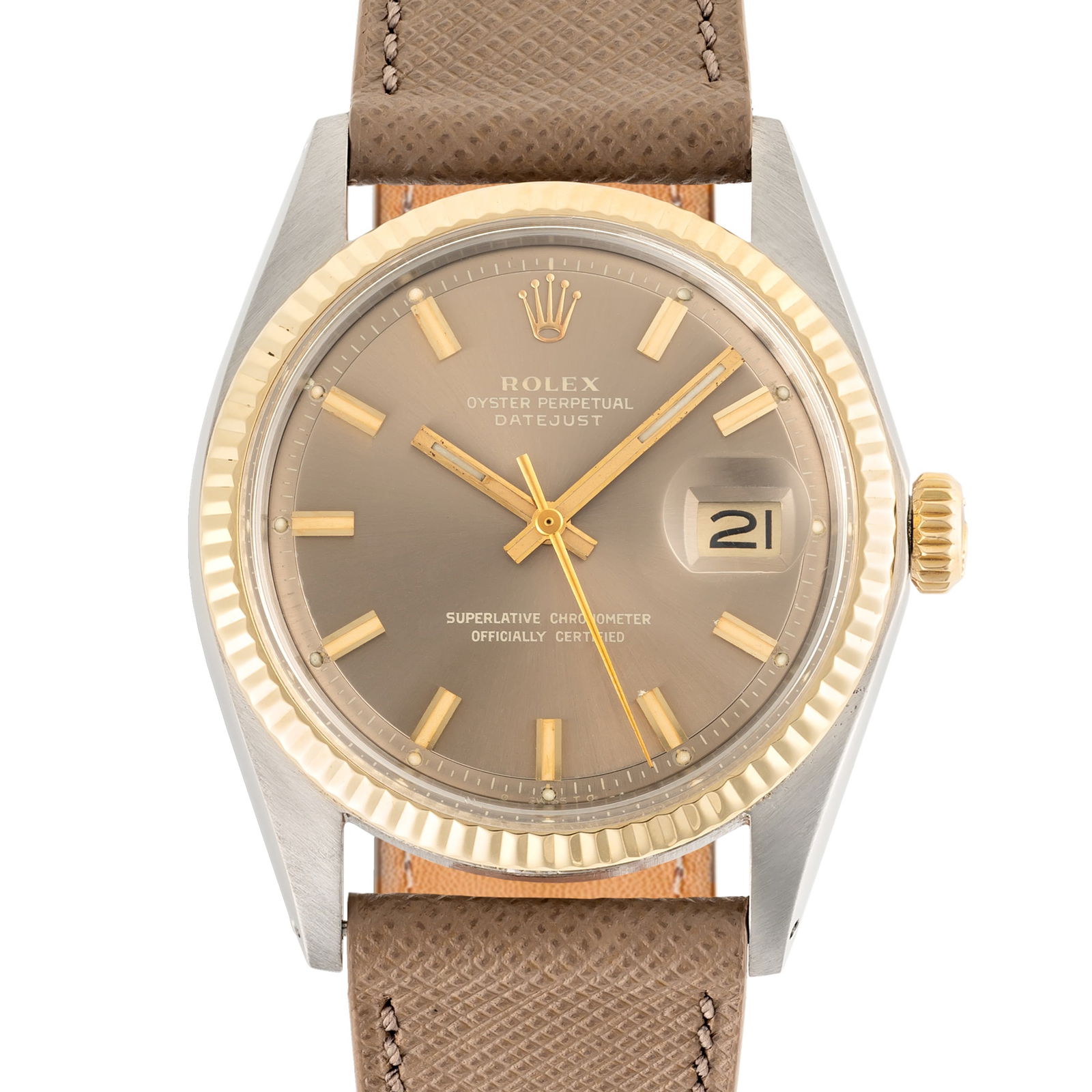 A GENTLEMAN'S SIZE STEEL & GOLD ROLEX OYSTER PERPETUAL DATEJUST WRIST WATCH CIRCA 1973, REF. 1601 (1 of 7)