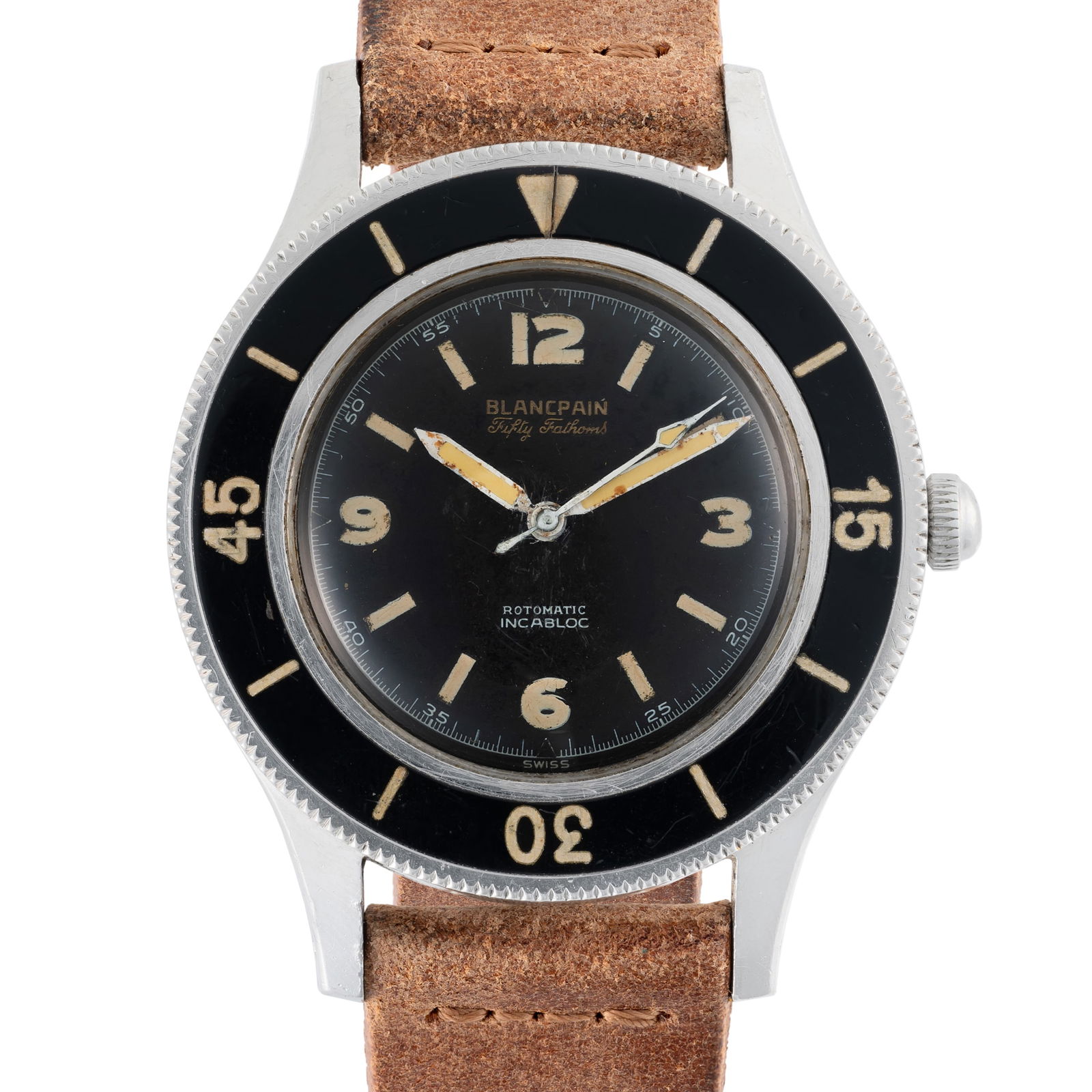 A VERY RARE GENTLEMAN'S SIZE STAINLESS STEEL BLANCPAIN FIFTY FATHOMS ROTOMATIC INCABLOC DIVERS WRIST: A VERY RARE GENTLEMAN'S SIZE STAINLESS STEEL BLANCPAIN FIFTY FATHOMS ROTOMATIC INCABLOC DIVERS WRIST WATCH CIRCA 1950s Movement: 17J, automatic, AS cal. 1361N, signed Blancpian 50 Fathoms. Case: Diame