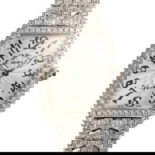 AN IMPRESSIVE LADY'S 18K SOLID WHITE GOLD & DIAMOND FRANCK MULLER SUNSET BRACELET WATCH CIRCA 2010,: AN IMPRESSIVE LADY'S 18K SOLID WHITE GOLD & DIAMOND FRANCK MULLER SUNSET BRACELET WATCH CIRCA 2010, REF. 1752QZ WITH GUILLOCHE DIAL, ACCOMPANIED BY A FRANCK MULLER BOX & ORIGINAL GUARANTEE CERTIFICATE