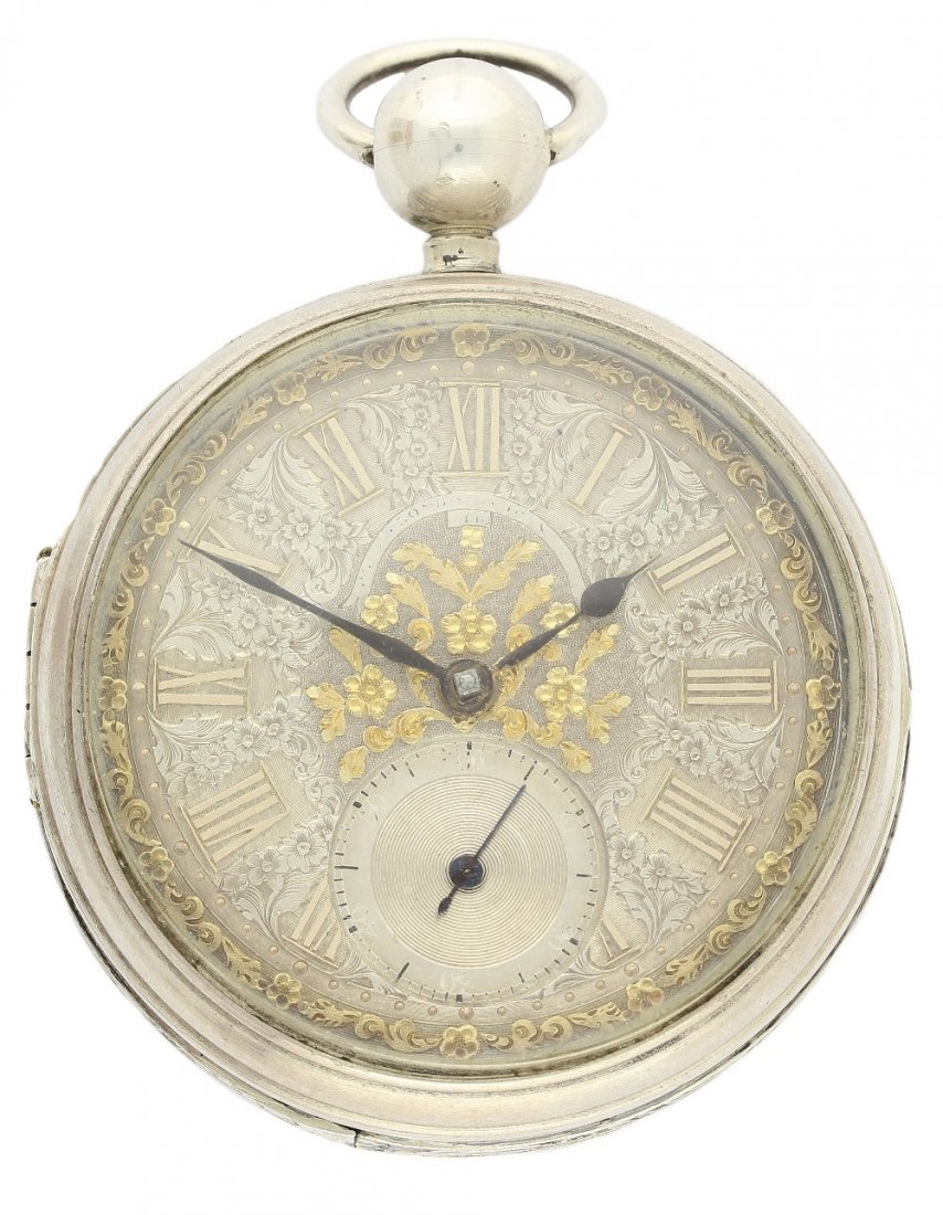 A RARE JOHN ARNOLD ENGLISH FUSEE CHRONOMETER POCKET: A RARE JOHN ARNOLD ENGLISH FUSEE CHRONOMETER POCKET WATCH CIRCA 1820 IN LATER CASE D: Decorative silver dial with raised Roman numerals, subsidiary seconds dial. M: Key wind gilt fusee movement with E