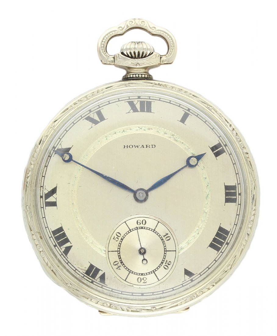 A GENTLEMAN'S WHITE GOLD FILLED E. HOWARD POCKET WATCH: A GENTLEMAN'S WHITE GOLD FILLED E. HOWARD POCKET WATCH CIRCA 1930 D: Silver dial with applied Roman numerals & subsidiary seconds. M: 17 jewel manual wind movement signed E. Howard Watch Co Boston, PA