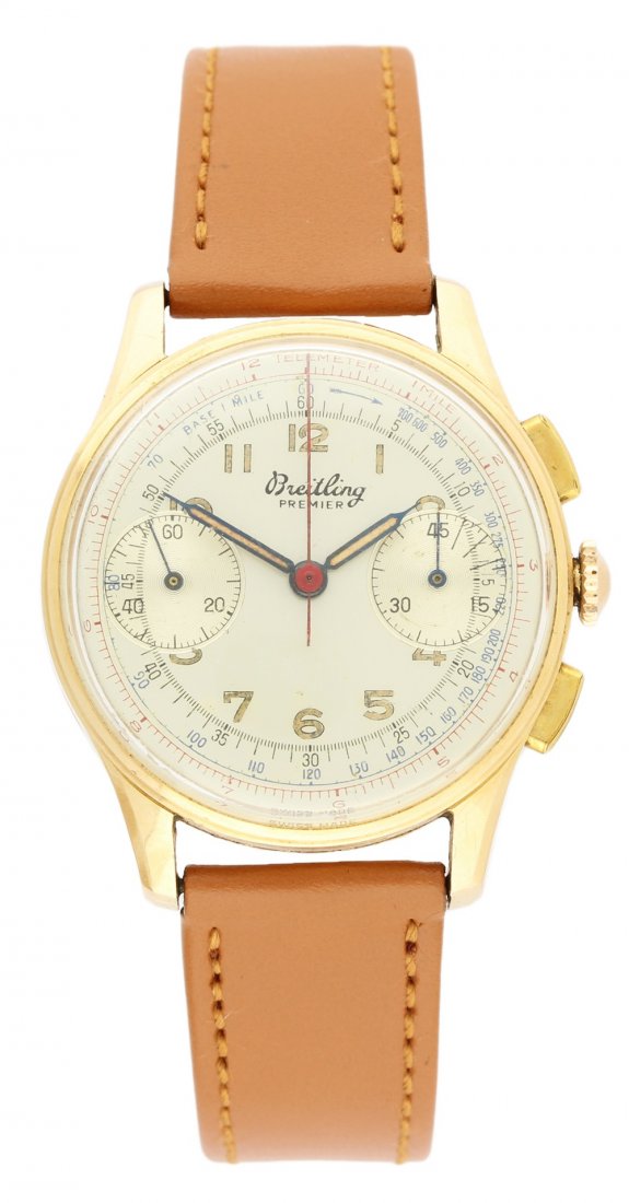 A GENTLEMAN'S 18K SOLID GOLD BREITLING PREMIER: A GENTLEMAN'S 18K SOLID GOLD BREITLING PREMIER CHRONOGRAPH WRISTWATCH CIRCA 1940s D: Silver dial with luminous applied Arabic numerals surrounded by base & telemeter scales, double register recording 