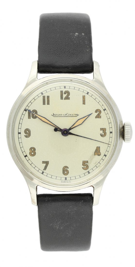 A GENTLEMAN'S STAINLESS STEEL JAEGER LECOULTRE: A GENTLEMAN'S STAINLESS STEEL JAEGER LECOULTRE WRISTWATCH CIRCA 1940s D: Silver dial with luminous Arabic numerals. M: Manual wind movement signed Jaeger LeCoultre & numbered. C: Circular case signed 