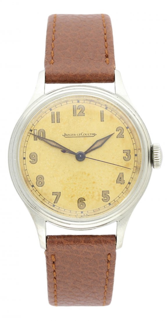A GENTLEMAN'S STAINLESS STEEL JAEGER LECOULTRE: A GENTLEMAN'S STAINLESS STEEL JAEGER LECOULTRE WRISTWATCH CIRCA 1940s D: Copper colour dial with luminous applied Arabic numerals. M: Manual wind movement, signed Jaeger-LeCoultre & numbered, calibre 