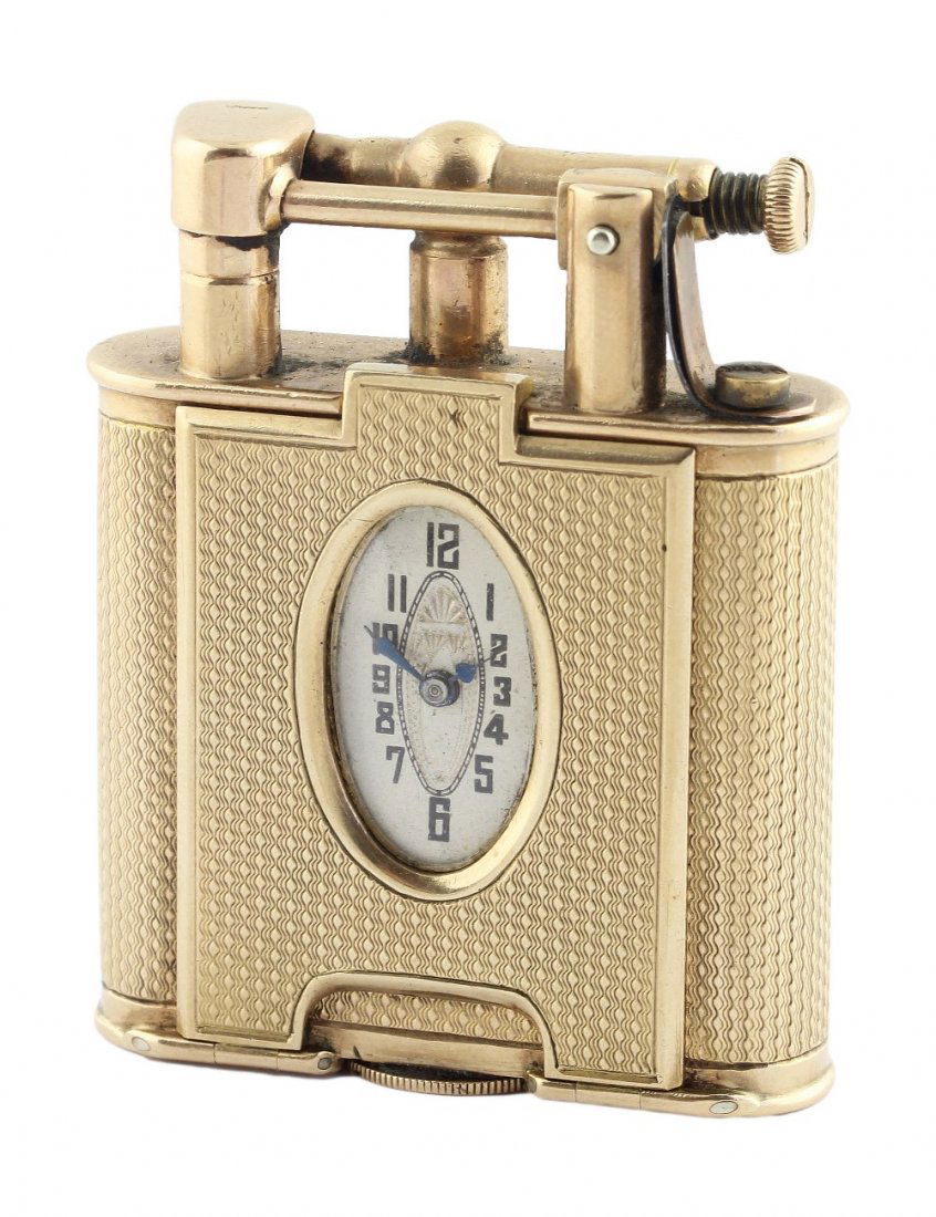 A RARE 9CT GOLD DUNHILL UNIQUE WATCH LIGHTER CIRCA