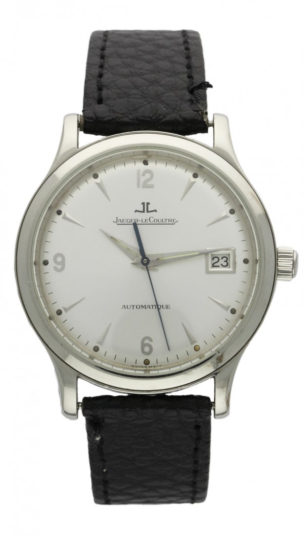 A GENTLEMAN'S STAINLESS STEEL JAEGER LECOULTRE: A GENTLEMAN'S STAINLESS STEEL JAEGER LECOULTRE AUTOMATIC MASTER CONTROL WRISTWATCH CIRCA 2002 D: Silver dial with raised silver Arabic numerals & dagger" batons, date aperture. M: Automatic movement s