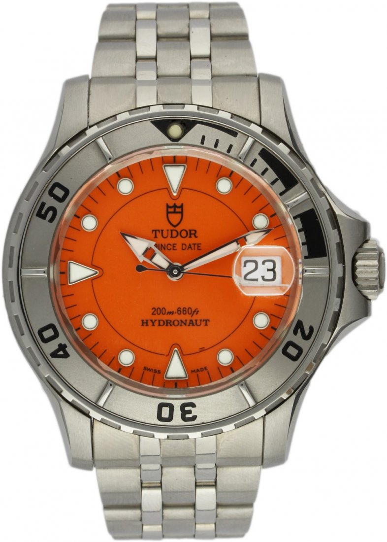 A GENTLEMAN'S STAINLESS STEEL ROLEX TUDOR PRINCE DATE: A GENTLEMAN'S STAINLESS STEEL ROLEX TUDOR PRINCE DATE HYDRONAUT BRACELET WATCH CIRCA 2000s WITH ORIGINAL BOX D: Orange dial with raised luminous inlaid silver markers & hands, date aperture. M: Automa