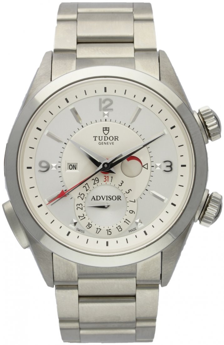 A GENTLEMAN'S STAINLESS STEEL TUDOR ADVISOR ALARM: A GENTLEMAN'S STAINLESS STEEL TUDOR ADVISOR ALARM BRACELET WATCH DATED 2012 WITH BOX & PAPERS D: Two tone silver dial with silver Arabic and bevelled batons, dauphine hands, power reserve and alarm in